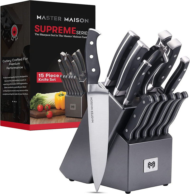 19-Piece Kitchen Knife Set with Wooden Knife Block - German Stainless Steel Knife Set for Kitchen with Block, Paring, Chefs, Santoku, Carving, Utility & 8 Steak Knives - Knife Sharpener & Shears