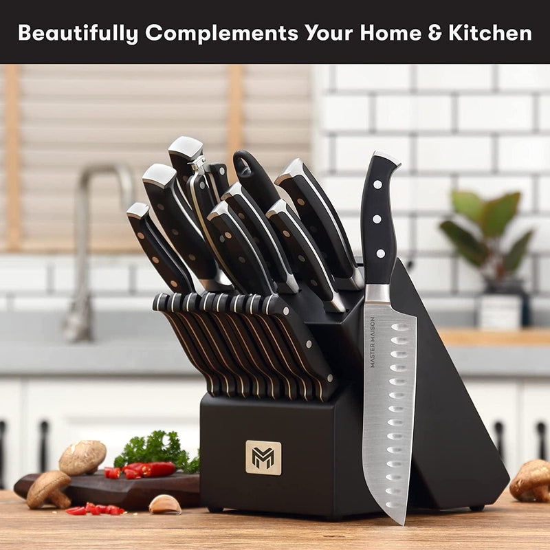 19-Piece Kitchen Knife Set with Wooden Knife Block - German Stainless Steel Knife Set for Kitchen with Block, Paring, Chefs, Santoku, Carving, Utility & 8 Steak Knives - Knife Sharpener & Shears Home & Garden > Kitchen & Dining > Kitchen Tools & Utensils > Kitchen Knives Master Maison   