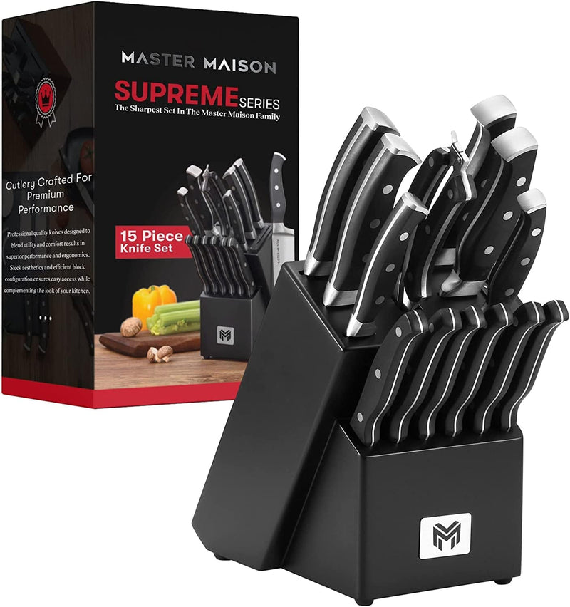 19-Piece Kitchen Knife Set with Wooden Knife Block - German Stainless Steel Knife Set for Kitchen with Block, Paring, Chefs, Santoku, Carving, Utility & 8 Steak Knives - Knife Sharpener & Shears Home & Garden > Kitchen & Dining > Kitchen Tools & Utensils > Kitchen Knives Master Maison Black 15-Piece 