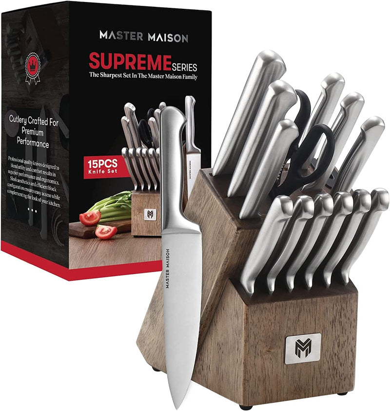 19-Piece Kitchen Knife Set with Wooden Knife Block - German Stainless Steel Knife Set for Kitchen with Block, Paring, Chefs, Santoku, Carving, Utility & 8 Steak Knives - Knife Sharpener & Shears Home & Garden > Kitchen & Dining > Kitchen Tools & Utensils > Kitchen Knives Master Maison Silver 15-Piece 