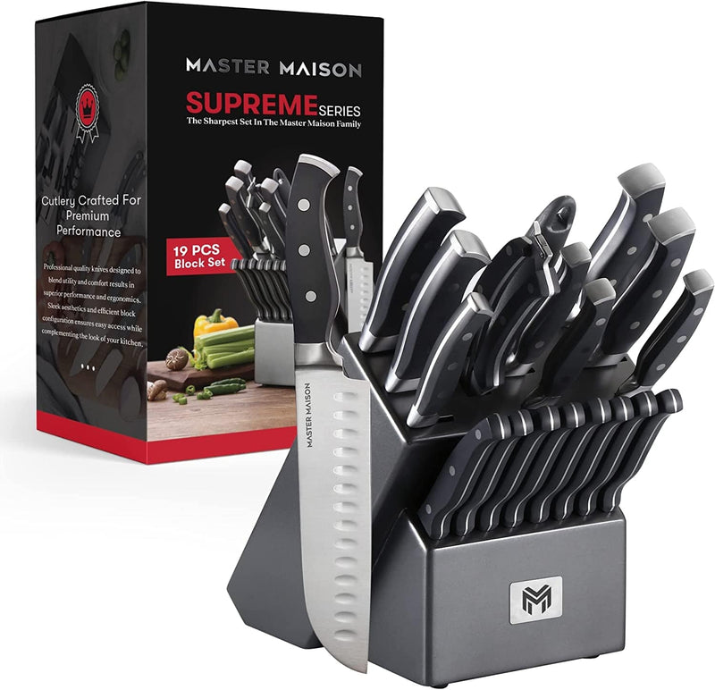 19-Piece Kitchen Knife Set with Wooden Knife Block - German Stainless Steel Knife Set for Kitchen with Block, Paring, Chefs, Santoku, Carving, Utility & 8 Steak Knives - Knife Sharpener & Shears Home & Garden > Kitchen & Dining > Kitchen Tools & Utensils > Kitchen Knives Master Maison Gray 19-Piece 