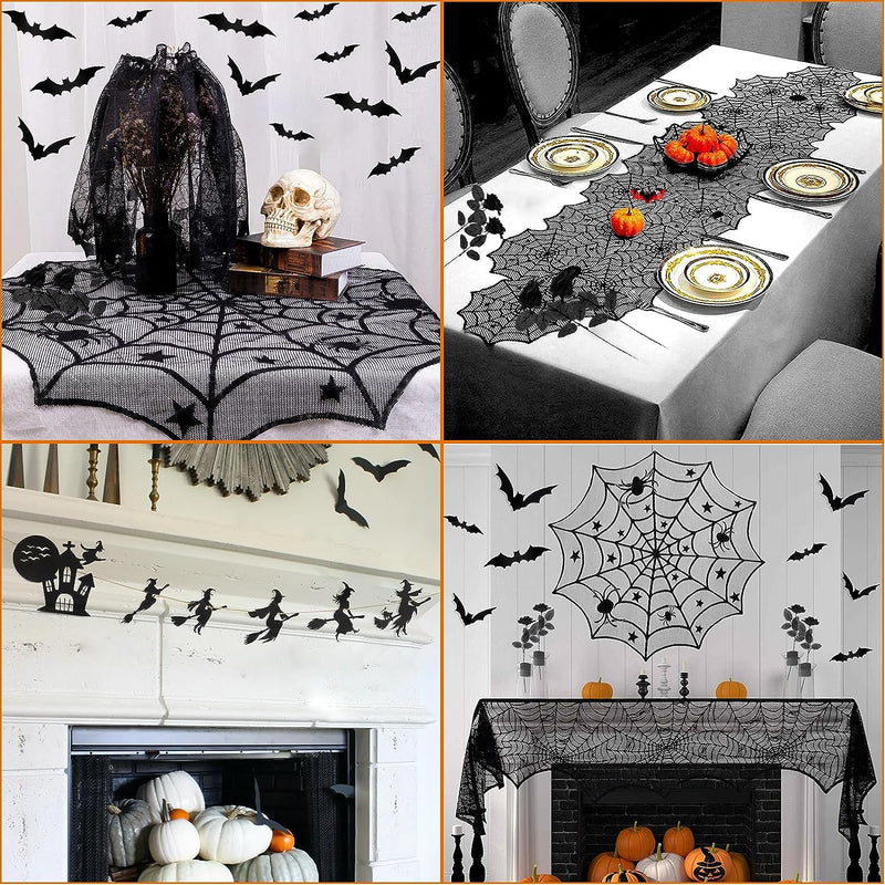 DAZONGE 42PCS Halloween Decorations - Halloween Spider Web Lace Mantel Scarf, Table Covers and Lampshade, Halloween Witches Garland, Creepy Cloth, 3D Bats for Halloween Decorations Indoor  DAZONGE   