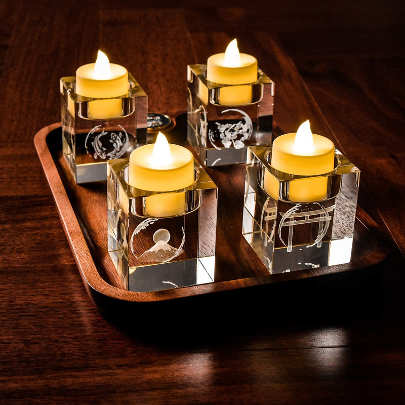 Le Sens Amazing Home Decorative Word Sign Hope Cube Crystal Candle Holder Set of 4 - Solid Square Clear Glass Table Centerpiece - Elegant Votive Tealight Candlestick for Wedding & Home Decoration Home & Garden > Decor > Home Fragrance Accessories > Candle Holders Le Sens Amazing Home C: Japan Elements  