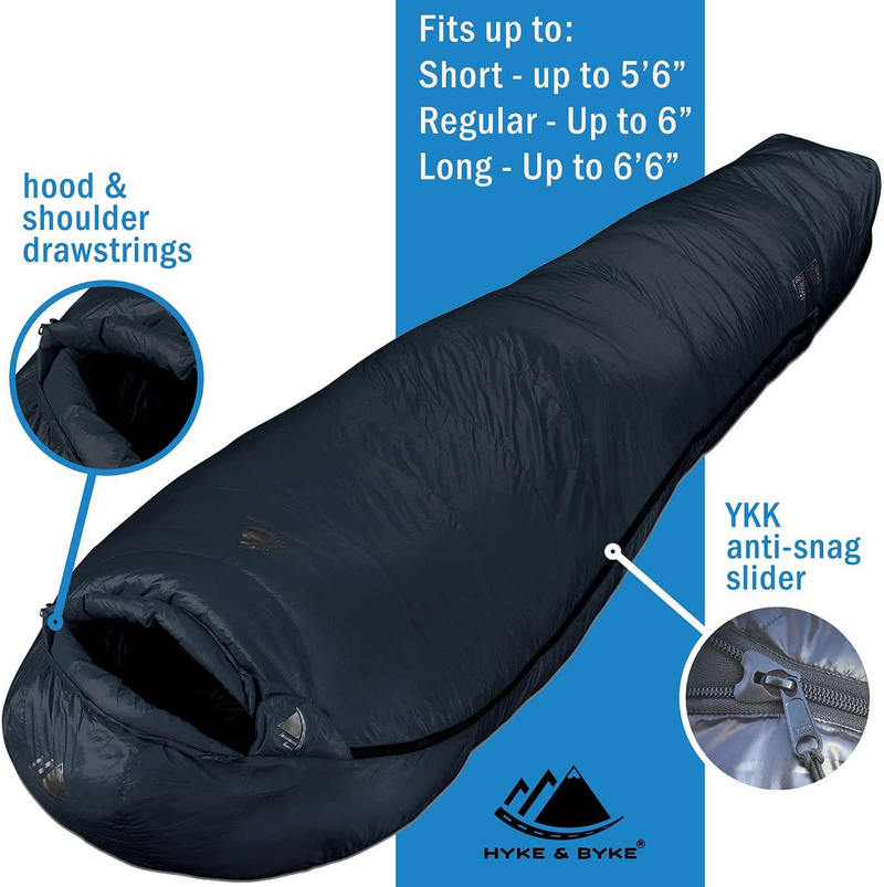 Hyke & Byke Shavano 650 Fill Power Duck down 32 Degree Backpacking Sleeping Bag for Adults Cold Weather Sleeping Bag - Synthetic Base - Ultra Lightweight 3 Season Camping Sleeping Bags for Kids Too