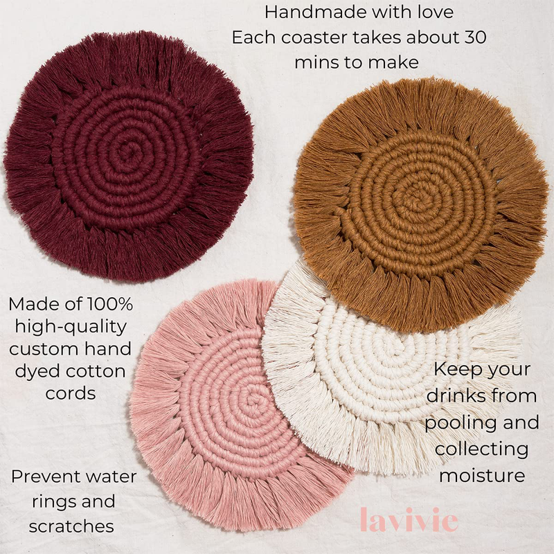 lavivie Boho Decor Macrame Coasters for Coffee Table, Drinks, Wooden Desk | House Warming Presents for New Home, Chic Kitchen Living Room Bar Office Bedroom Wall Accents Rattan (Dusty Pink (Set of 2)) Home & Garden > Decor > Seasonal & Holiday Decorations Lavivie   