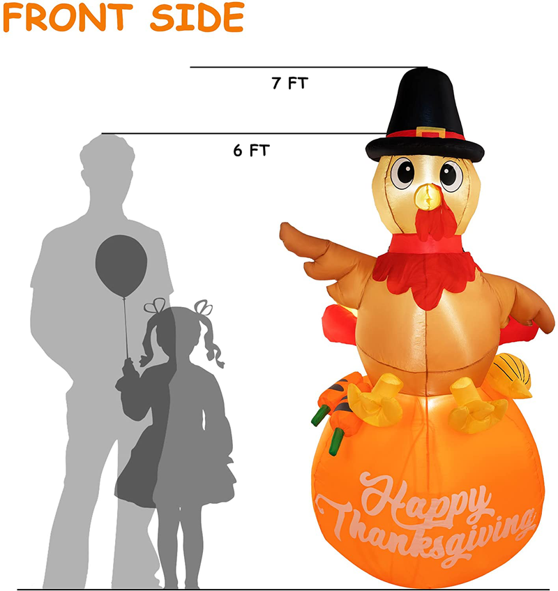 HOOJO 7ft Thanksgiving Blowups Decoration Outdoor Inflatable Turkey on Pumpkin with LED Lights Built-in for Holiday Lawn, Yard, Garden