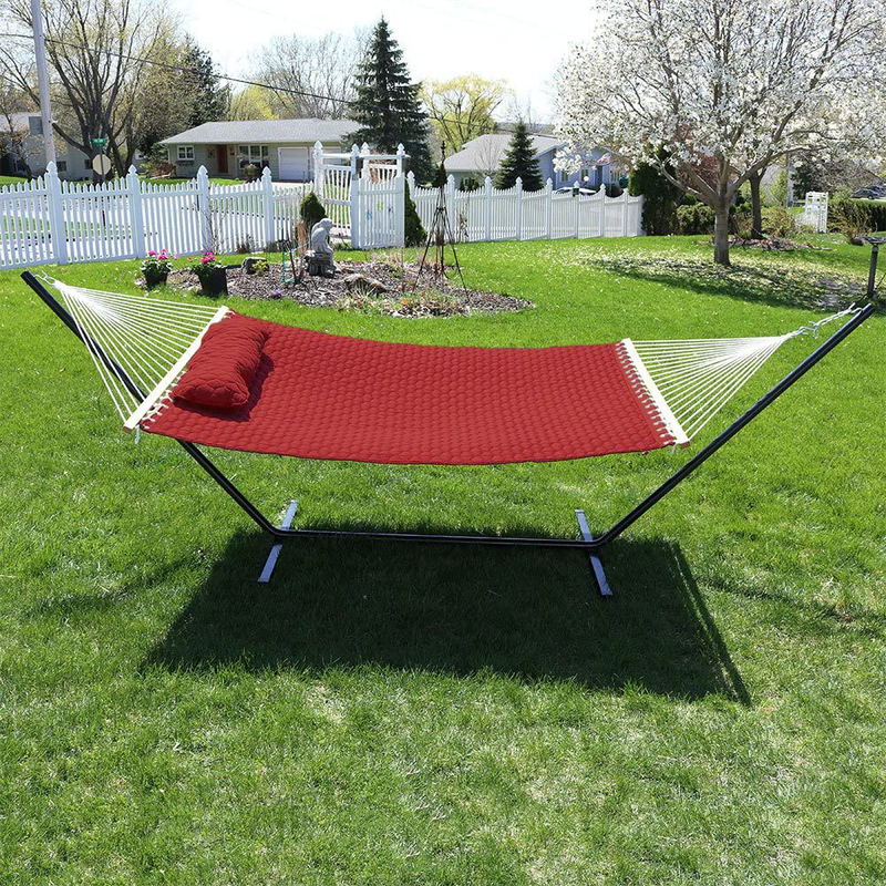 Sunnydaze 2-Person Freestanding Double Hammock with 12-Foot Stand and Spreader Bars, Quilted Designs Fabric, 400-Pound Capacity, Red Home & Garden > Lawn & Garden > Outdoor Living > Hammocks Sunnydaze   