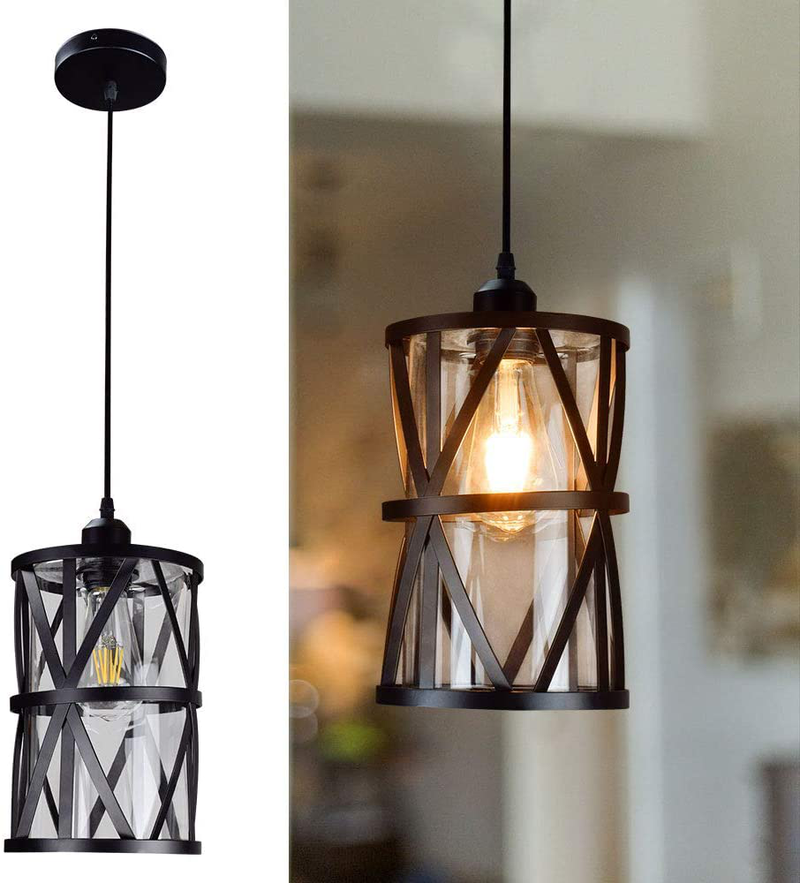DLLT Industrial Pendant Light, Metal Hanging Ceiling Lights Fixture with Clear Glass Shade, Flush-Mount Swag Lighting for Kitchen/Dining Room/Hallway/Bedroom, E26 Base (Black)