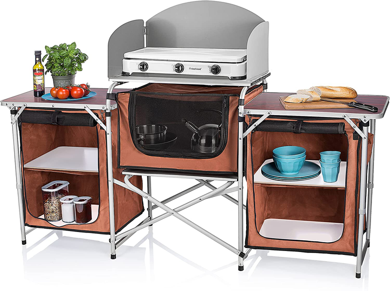 GOLENER Camp Kitchen Table with 3 Storage Organizer and Aluminum Windscreen,Camping Storage for Cooking,Protable Kitchen for Outdoor Activities like Bbq,Picnic,Party(Brown) Sporting Goods > Outdoor Recreation > Camping & Hiking > Camp Furniture Golener   