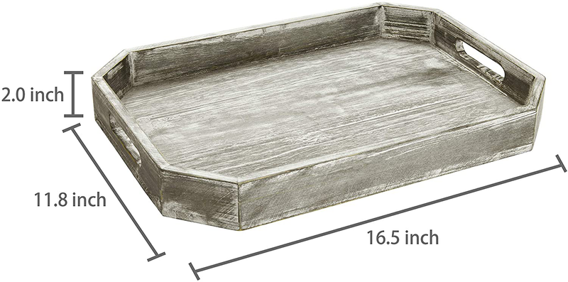 MyGift Rustic Dark Gray Wood Serving Breakfast Tray, Ottoman Coffee Table Tray with Cut-out Handles and Angled Edges
