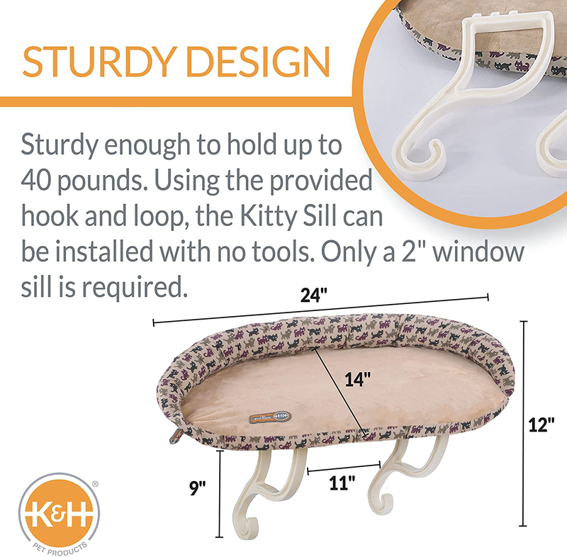 K&H Pet Products Deluxe Kitty Sill with Removable Bolster Tan/Kitty Print Unheated - 14 X 24 Inches