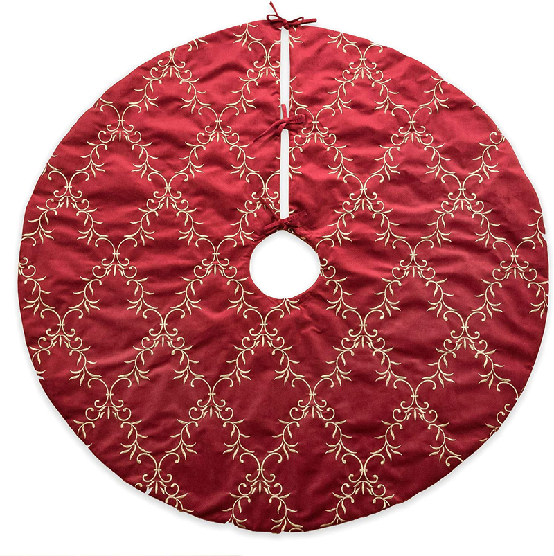Homey Cozy 56 inch Large Christmas Tree Skirt, Red & Gold Floral Vine Luxury Home & Garden > Decor > Seasonal & Holiday Decorations > Christmas Tree Skirts Homey COZY   