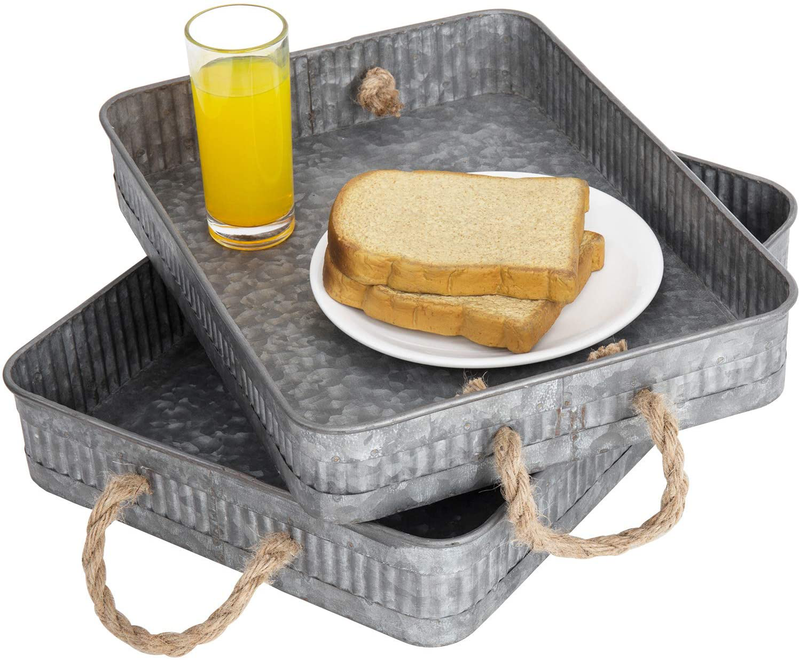 MyGift Rustic Silver Galvanized Metal Nesting Serving Trays with Rope Handles, Set of 2