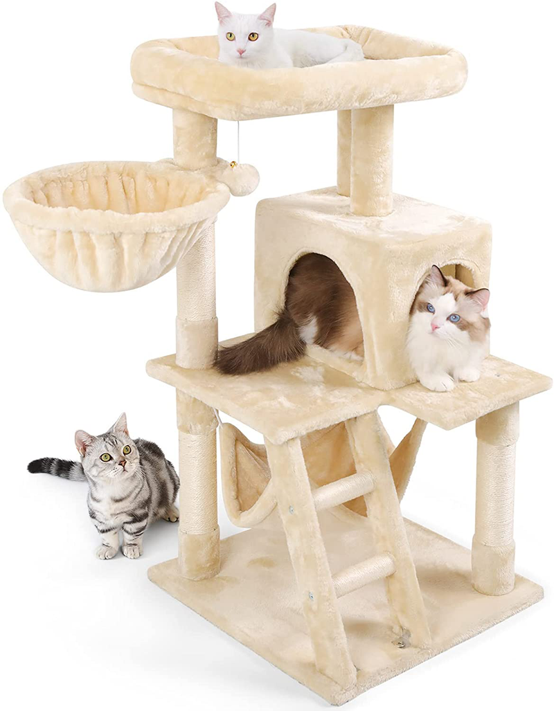 Rabbitgoo Cat Tree Cat Tower for Indoor Cats, Multi-Level Cat House Condo with Large Perch, Scratching Posts & Hammock, Cat Climbing Stand with Toy for Small Cats Kittens Play Rest, 39" Tall Animals & Pet Supplies > Pet Supplies > Cat Supplies > Cat Beds rabbitgoo Creamy Beige  