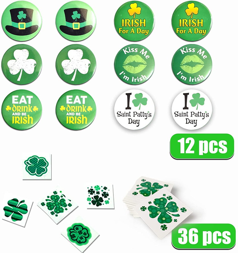 St Patricks Day Accessories Decorations - 96 Pcs Including Green Shamrock Necklace, Glasses, Mustaches, Rubber Bracelets, Temporary Tattoos Irish Saint Patricks Stickers (Green1) Arts & Entertainment > Party & Celebration > Party Supplies DLY   
