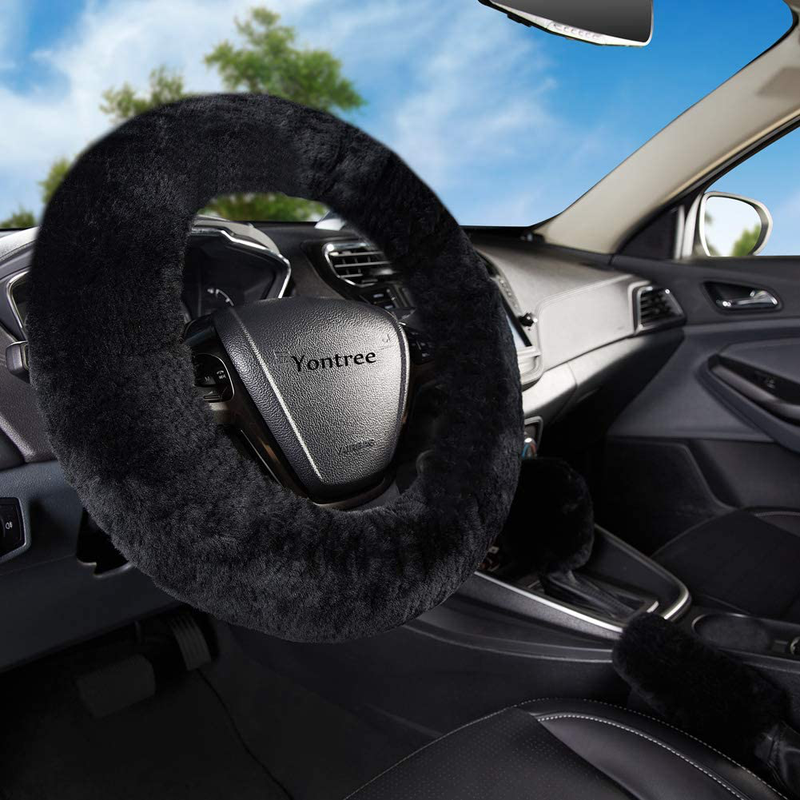 Yontree Fashion Fluffy Steering Wheel Covers for Women/Girls/Ladies Australia Pure Wool 15 Inch 1 Set 3 Pcs (Black) Vehicles & Parts > Vehicle Parts & Accessories > Vehicle Maintenance, Care & Decor > Vehicle Decor > Vehicle Steering Wheel Covers Yontree Black Short Hair 