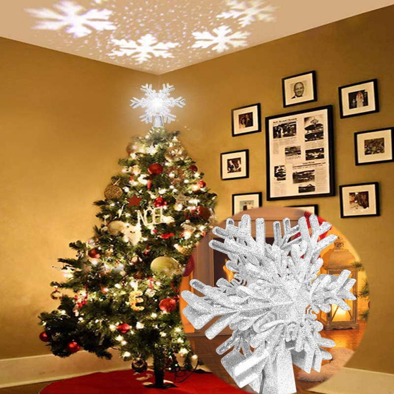 Christmas Tree Topper, Lighted Star Tree Toppers LED Rotating Snowflake, 3D Glitter Lighted Sliver SnowTree Topper, For Christmas Tree Decorations Holiday Fantastic Romantic Indoor Light Lamp Gift