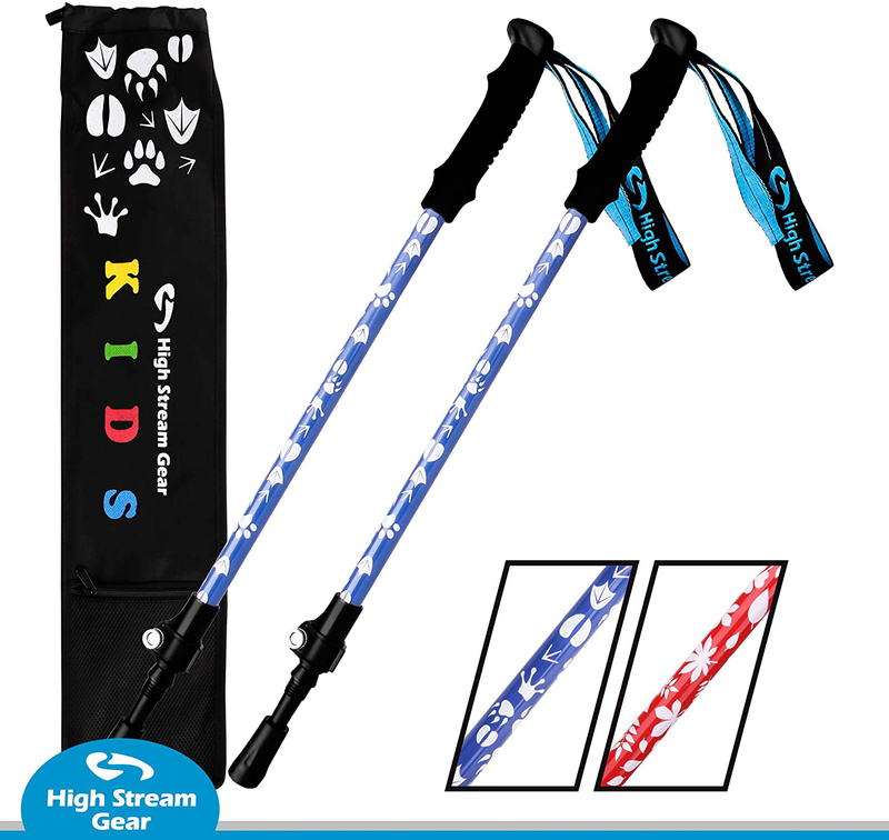 High Stream Gear Kids Trekking Poles – Collapsible Telescopic Brightly Colored Walking Sticks for Children – Includes Carrier Bag and Accessories