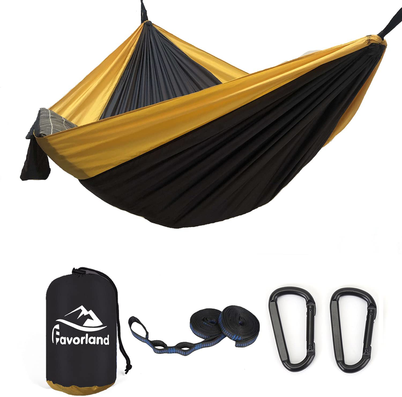 Favorland Camping Hammock Double & Single with Tree Straps for Hiking, Backpacking, Travel, Beach, Yard - 2 Persons Outdoor Indoor Lightweight & Portable with Straps & Steel Carabiners Nylon (Green) Home & Garden > Lawn & Garden > Outdoor Living > Hammocks Favorland Grey-golden Double 118''L x 79''W 