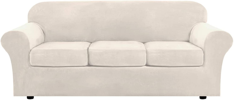 Modern Velvet Plush 4 Piece High Stretch Sofa Slipcover Strap Sofa Cover Furniture Protector Form Fit Luxury Thick Velvet Sofa Cover for 3 Cushion Couch, Machine Washable(Sofa,Gray) Home & Garden > Decor > Chair & Sofa Cushions H.VERSAILTEX Ivory Large 
