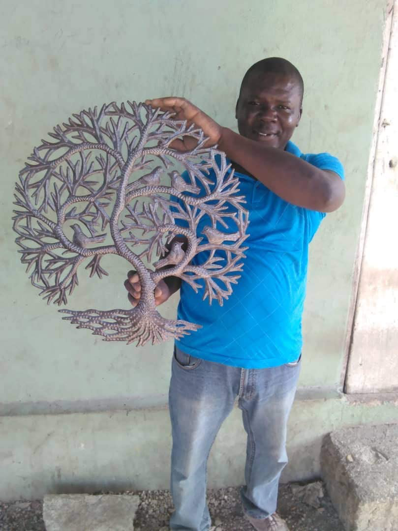 Haitian Tree of Life Wall Decor, Global Art Made in Haiti, Oil Drum Metal Craft with Birds, Decoration for Kitchen or Anywhere in Home, 23 In. x 23 In. (Whispering Tree) Home & Garden > Decor > Artwork > Sculptures & Statues It's Cactus   