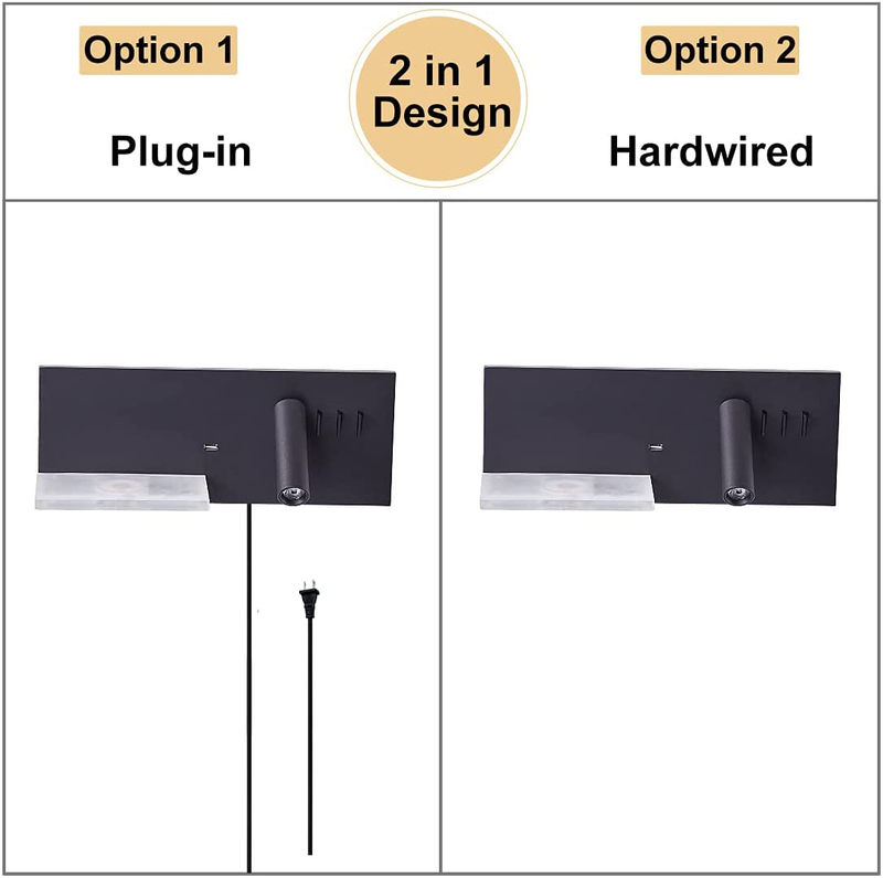 LED Wall Light Plug in Cord for Bedroom Wall Lamp with USB Port & Wireless Charging Bedside Reading Light 3W +Night Light 9W (Left)