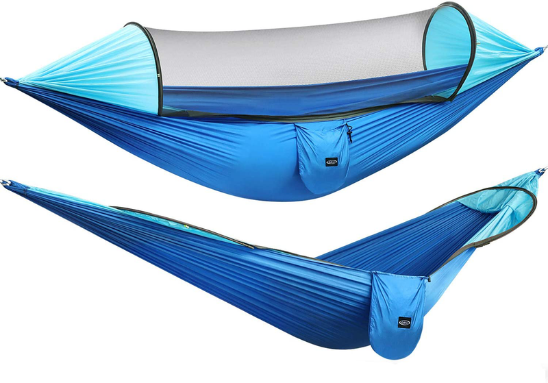 G4Free Large Camping Hammock with Mosquito Net 2 Person Pop-up Parachute Lightweight Hanging Hammocks Tree Straps Swing Hammock Bed for Outdoor Backpacking Backyard Hiking Home & Garden > Lawn & Garden > Outdoor Living > Hammocks G4Free Blue/Light Blue  