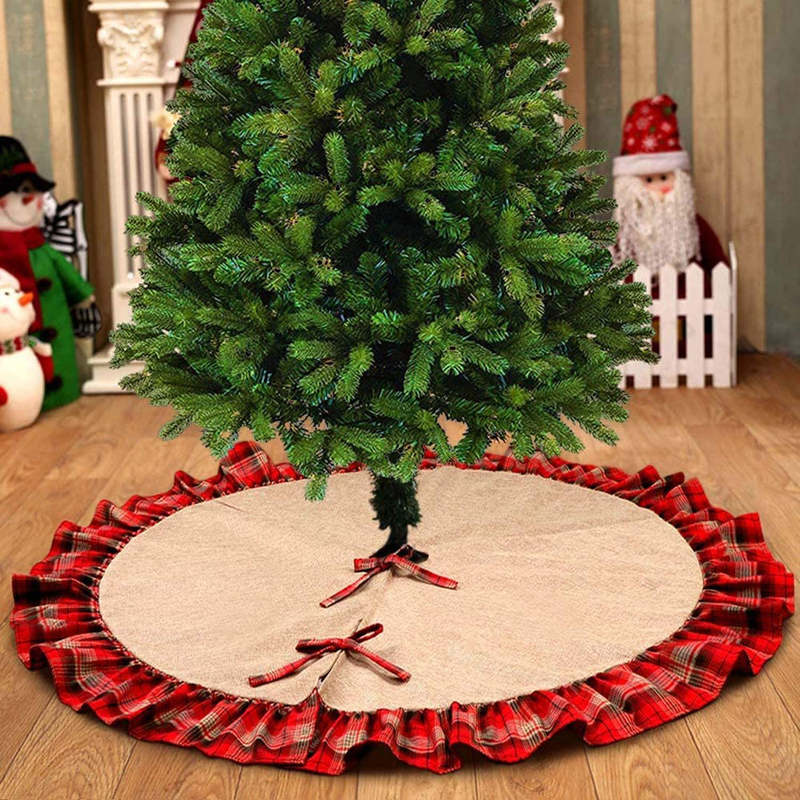 GLE2016 Christmas Tree Skirt, 48-inch Plaid Christmas Tree Skirts Red and Black Edge, Burlap Tree Skirt, Double Layers Xmas Tree Skirt for Christmas Xmas Party and Holiday Decorations