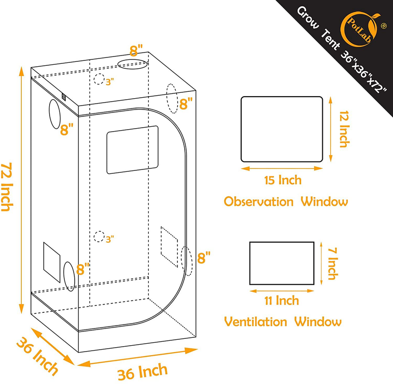 POTLAB 3X3 Grow Tent with Accessories Kit Cultivate in Small Spaces - Hydroponic Grow Tent with Easy View Window - Grow Tents with Mylar Fabric to Stop Light Leaks - Indoor Grow Tent 36X36X72