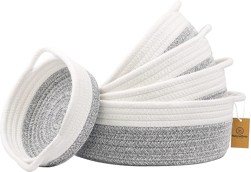 NaturalCozy 5-Piece Round Small Woven Baskets Set - 100% Natural Cotton Rope Baskets! Key Tray, Kids Montessori Toys, Bowl for Entryway, Jewelry Remote Fruits Desk Home Decor Shallow Catchall Baskets Home & Garden > Decor > Seasonal & Holiday Decorations NaturalCozy Mixed Gray  