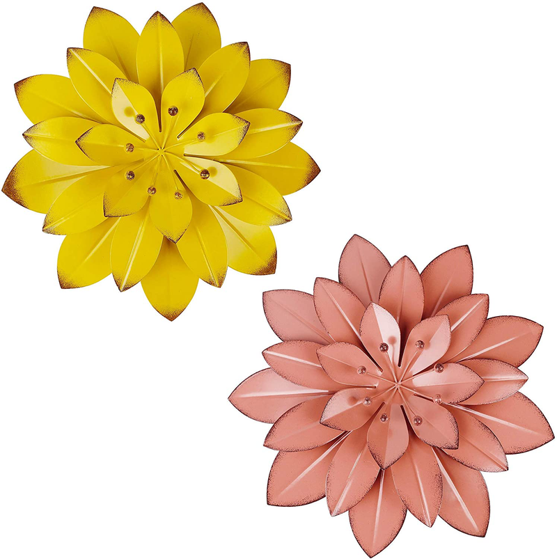 Juegoal 2 Pack 11.5 Inch Large Metal Flowers Wall Art Decor, Multiple Layer Flower for Indoor Outdoor Home Bedroom Living Room Office Garden, Coral Pink & Yellow