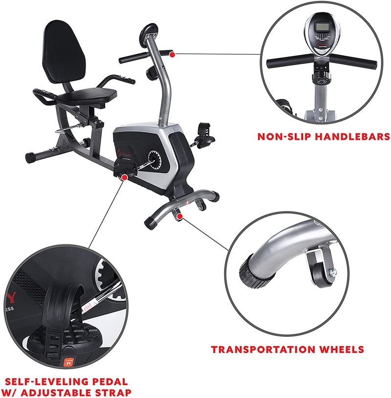 Sunny Health & Fitness Magnetic Recumbent Exercise Bike, Pulse Rate Monitoring, 300 lb Capacity, Digital Monitor and Quick Adjustable Seat | SF-RB4616  Sunny Health & Fitness   