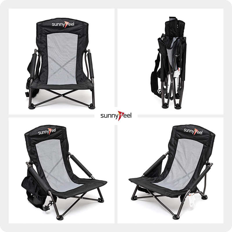 SUNNYFEEL Folding Camping Chair, Low Beach Chair Lightweight with Mesh Back,Cup Holder,Side Pocket,Padded Armrest,Sling, Portable Camp Chairs for Outdoor Picnic Fishing Lawn Concert (Black) Sporting Goods > Outdoor Recreation > Camping & Hiking > Camp Furniture SUNNYFEEL   