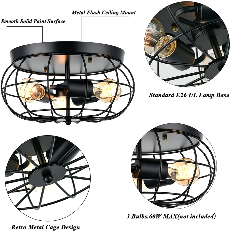 Industrial Semi Flush Mount Ceiling Light Oil Rubbed Finish 3-Light Rustic Metal Cage Kitchen Ceiling Light Fixture for Farmhouse Living Room Dining Room Bedroom Hallway E26 Black Home & Garden > Lighting > Lighting Fixtures > Ceiling Light Fixtures KOL DEALS   
