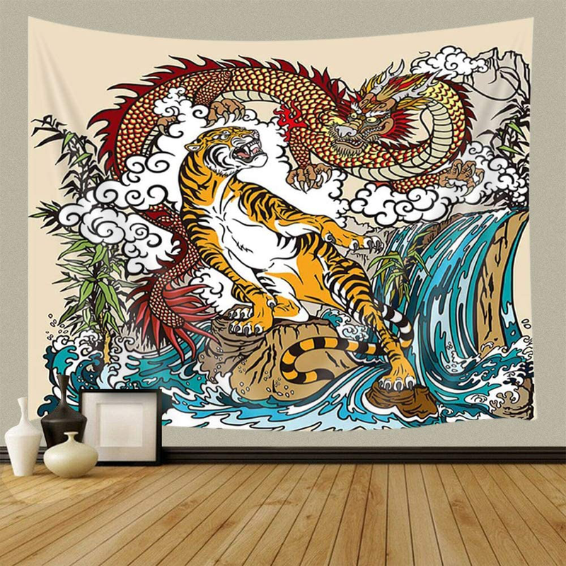 JAWO Asian Tapestry, Chinese Dragon and Tiger in The Landscape with Waterfall Wall Tapestry, Wall Art Hanging for Bedroom Living Room Dorm 71X60Inches