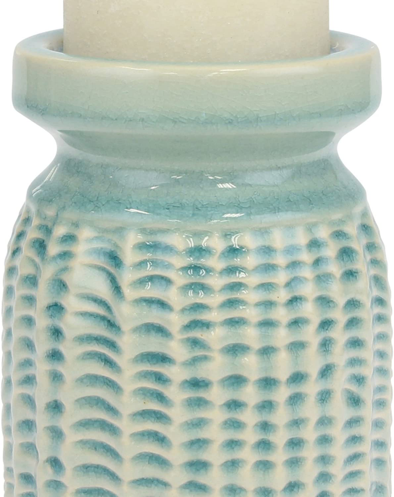 Stonebriar Decorative Textured Pale Ocean Ceramic Pillar Candle Holder, Coastal Home Decor Accents, Beach Inspired Design for the Living Room, Bathroom, or Bedroom of your Seaside Cottage Decor Home & Garden > Decor > Home Fragrance Accessories > Candle Holders Stonebriar   