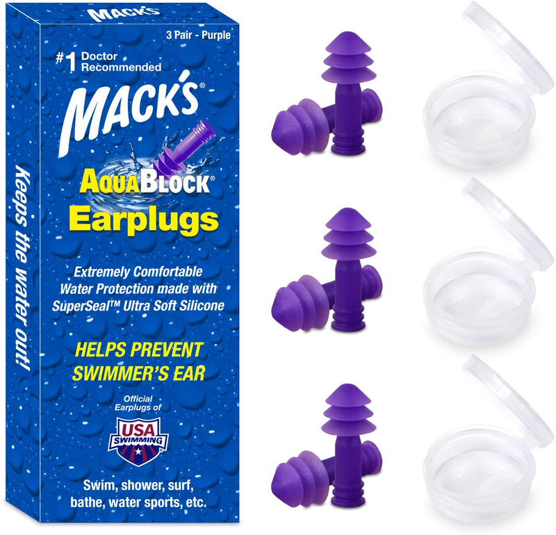 Mack's AquaBlock Swimming Earplugs, 3 Pair - Comfortable, Waterproof, Reusable Silicone Ear Plugs for Swimming, Snorkeling, Showering, Surfing and Bathing (Purple) Sporting Goods > Outdoor Recreation > Boating & Water Sports > Swimming Mack's Purple  