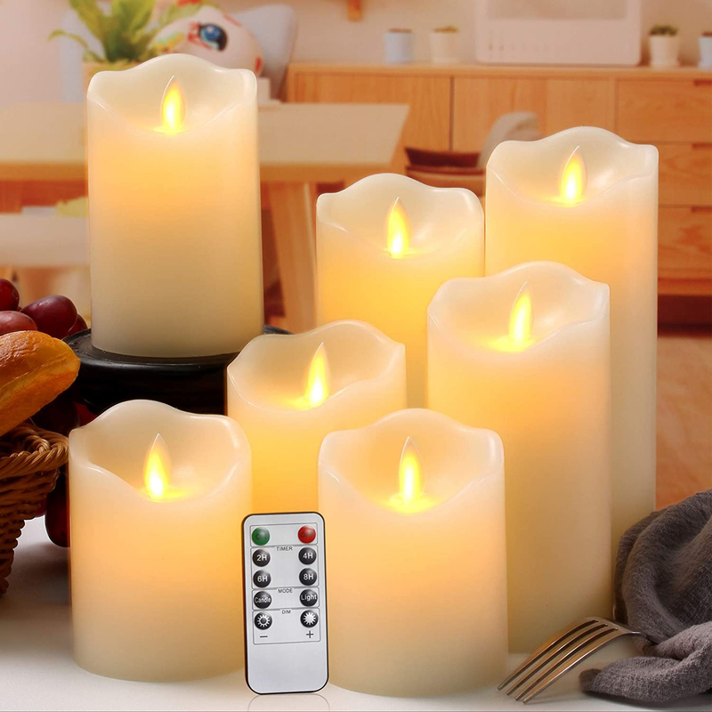 Flameless Candles Flickering Battery Operated LED Candles Set of 7 (D:3" X H:4" 4" 5" 5" 6" 7" 8") Ivory Real Wax Pillar with Moving Flame & 10-Key Remote Control and Cycling 24 Hours Timer Home & Garden > Decor > Home Fragrances > Candles flamecan Default Title  