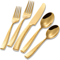 Flatasy Flatware Set Gold Silverware Set with Bamboo Pattern Mirror Polished 20 Pieces Cutlery Set Housewarming Wedding Gift Service for 4 Home & Garden > Kitchen & Dining > Tableware > Flatware > Flatware Sets Flatasy Gold Hammered 20pcs  