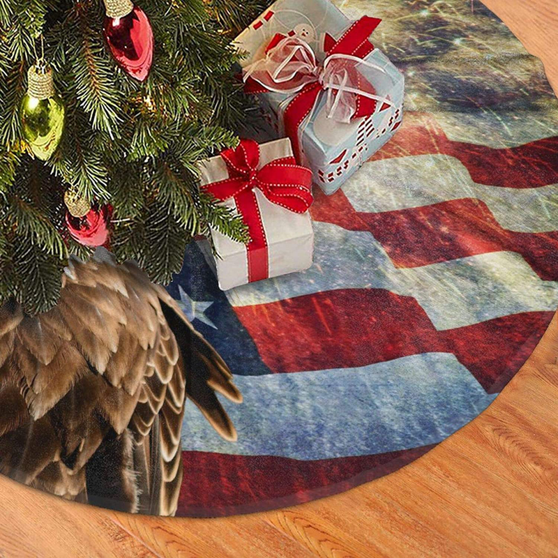 Mount Hour Christmas Tree Skirt, Bald Eagle American Flag Firework Patriotic Memorial Day Xmas Large Tree Mat, New Year Festive Holiday Party Decorations 30" inches Home & Garden > Decor > Seasonal & Holiday Decorations > Christmas Tree Skirts Mount Hour   