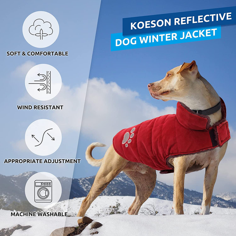 KOESON Windproof Dog Winter Coat, Reflective Dog Cold Weather Coat Winter Jacket for Small, Medium & Large Dogs, Polar Fleece Lining Pet Warm Clothing Wind Breaker with Leash Hole