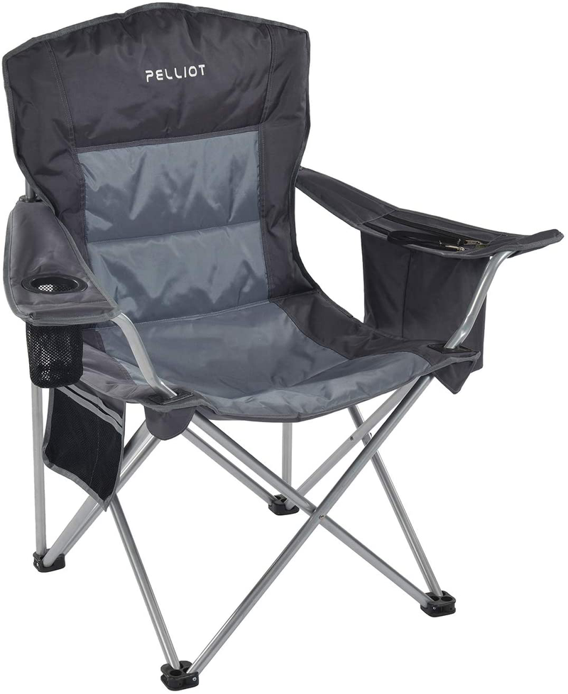 PELLIOT Portable Camping Chair Heavy Duty Lumbar Back Supports 300 Lbs, Padded Hard Arm Folding Camp Beach Chair with Cup Holder Sporting Goods > Outdoor Recreation > Camping & Hiking > Camp Furniture pelliot Dark Gray  
