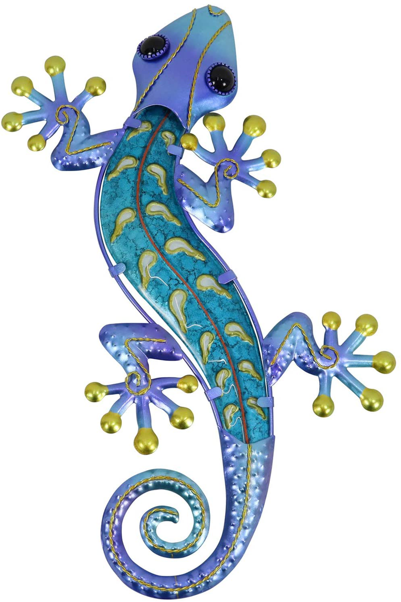 HONGLAND Metal Gecko Wall Decor Outdoor Lizard Art Sculpture Indoor Glass Decorations for Home Green,15 Inches Home & Garden > Decor > Artwork > Sculptures & Statues HONGLAND Blue-2  