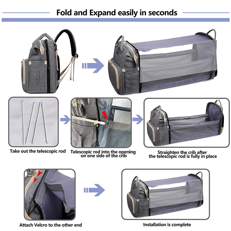 Diaper Bag Backpack, Baby Nappy Changing Bags Multifunctional Travel Backpack with Changing Station, Large Capacity, Waterproof, Sunshade, Breathable Mosquito Net, Baby Pillow Grey Sporting Goods > Outdoor Recreation > Camping & Hiking > Mosquito Nets & Insect Screens Lamroro   