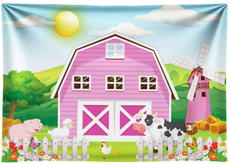 Funnytree 7x5ft Cartoon Farm Animals Party Backdrop Pink Barn Girl Baby Shower Birthday Photography Background Cow Grass Rustic Barnyard Scenic Banner Cake Table Decoration Photo Booth Props Home & Garden > Decor > Seasonal & Holiday Decorations& Garden > Decor > Seasonal & Holiday Decorations Funnytree 8'x6'  