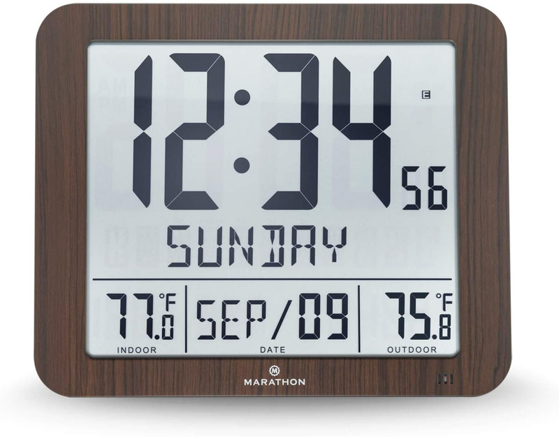 Marathon Slim Atomic Wall Clock with Indoor/Outdoor Temperature, Full Calendar and Large Display - Batteries Included - CL030027-FD-GG (Graphite Grey) Home & Garden > Decor > Clocks > Wall Clocks Marathon Wood Grain Finish  