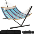 Large 2 Person 11FT Double Hammock Quilted Fabric Swing with Foldable Curved Bamboo Bar & Detachable Pillow & Carrying Bag - 75" x 55" Heavy Duty 450lbs Capacity for Indoor and Outdoor - Havana Brown Home & Garden > Lawn & Garden > Outdoor Living > Hammocks Bathonly Hammock With Stand  