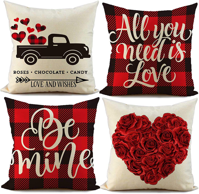 FIBEROMANCE Valentines Pillow Covers 18 X 18 Inch Red and Black Buffalo Check Plaid Love Decorative Cushion Case for Sofa Couch Bedroom Spring Home Decor Cotton Pillowcase Set of 4 Home & Garden > Decor > Chair & Sofa Cushions FIBEROMANCE   