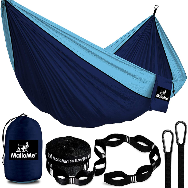 MalloMe Double & Single Portable Camping Hammock - Parachute Lightweight Nylon with Hammok Tree Straps Set- 2 Person Equipment Kids Accessories Max 1000 lbs Breaking Capacity - Free 2 Carabiners Home & Garden > Lawn & Garden > Outdoor Living > Hammocks MalloMe Navy Blue & Sky Blue Small 