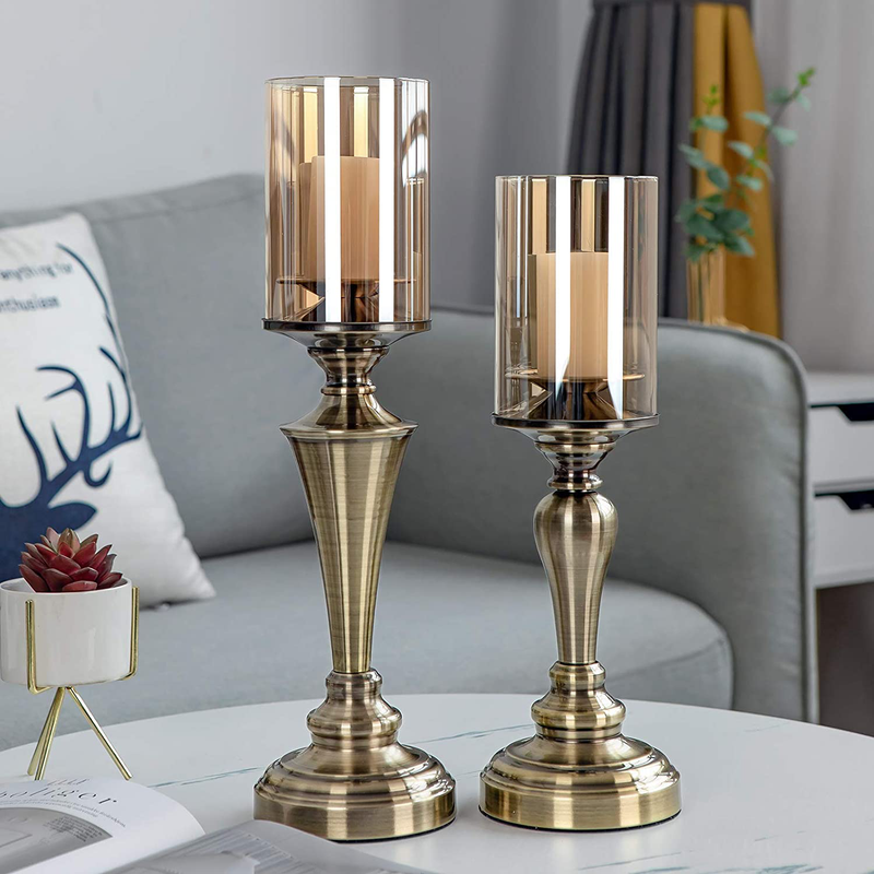 Hurricane Candle Holders for Pillar Candlesticks 2-Set - Stylish Dining Table Centerpiece Decor 4.7''x17.3. Ideal for 3'' Pillar Candles and LED Candles, Chrome Metal Base with Hurricane Glass Cover
